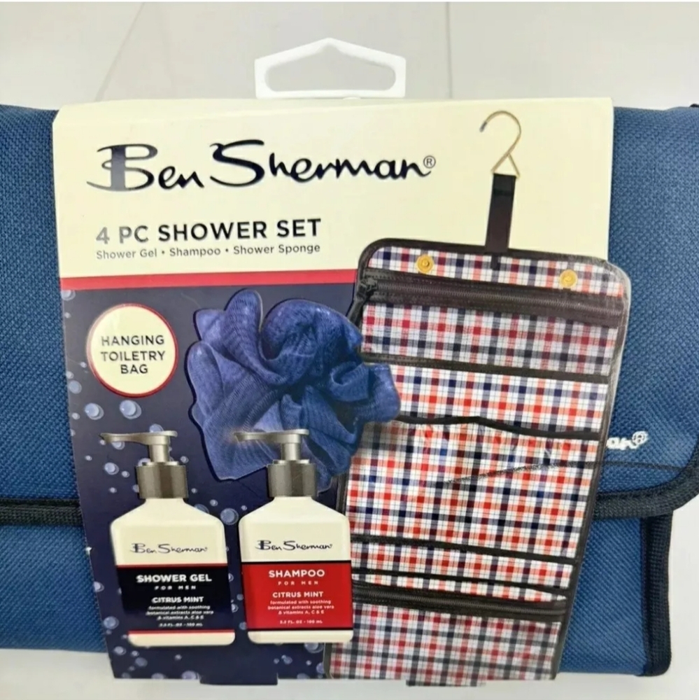 BEN SHERMAN 4 Piece Shower Set - Gel, Shampoo, Sponge, Toiletry Bag - NEW